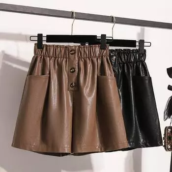 Dimanaf 2024 Большие размеры Осенние зимние шорты женские повседневные однотонные новые свободные широкие брюки из искусственной кожи с высокой талией короткие брюки L чёрный