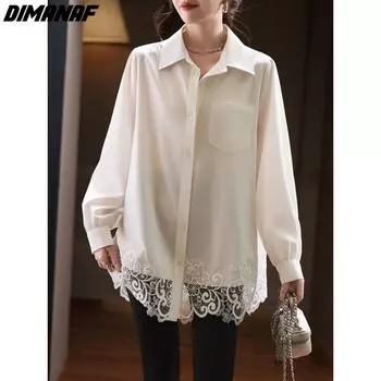 DIMANAF 2024, большие размеры, весенне-летние женские рубашки, блузки, кружевные элегантные женские свободные однотонные повседневные топы больших размеров