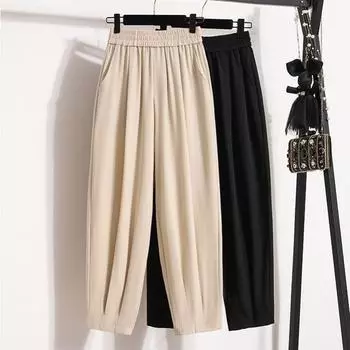 DIMANAF 2024 Большие размеры весенние брюки женские с эластичной резинкой на талии свободные повседневные базовые брюки с высокой талией однотонные брюки шаровары 5XL 2XL чёрный