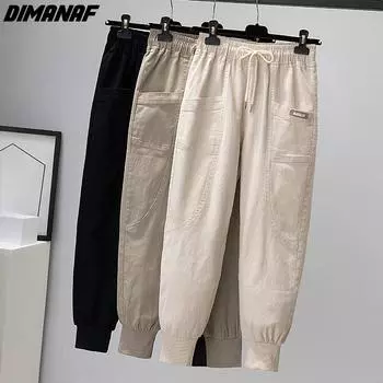 DIMANAF 2024 Большие размеры весенние длинные брюки женские эластичные однотонные повседневные свободные винтажные шаровары свободные хлопковые