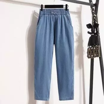 Dimanaf 2024 Большие размеры, весенние длинные джинсы, женские однотонные повседневные спортивные штаны, свободные синие широкие брюки с высокой талией