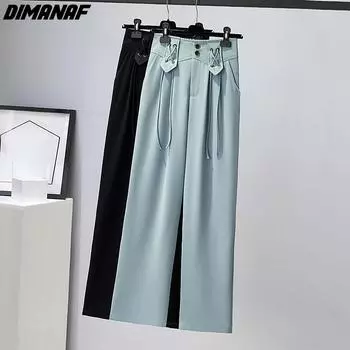 DIMANAF 2024 Большие размеры весенние длинные брюки женские однотонные повседневные свободные брюки с высокой талией дизайн широкие брюки
