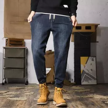 DIMANAF 2024 Большие размеры, весенние новые мужские джинсы, базовые эластичные винтажные брюки с высокой талией, повседневные свободные длинные шаровары, черные брюки, стильные брюки