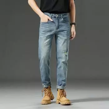 DIMANAF 2024 Большие размеры, весенние новые мужские джинсы, базовые эластичные брюки с высокой талией, свободные винтажные модные повседневные брюки с отверстиями, длинные шаровары, джинсовые брюки