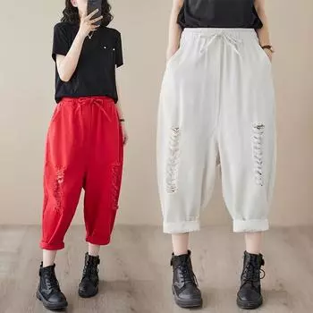 DIMANAF 2024 Большие размеры, весенние новые длинные брюки, женские однотонные шаровары с эластичной резинкой на талии, повседневные широкие брюки с отверстиями