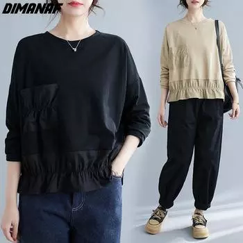DIMANAF 2024 Большие размеры, весенняя женская рубашка с длинным рукавом, свободные повседневные базовые топы с круглым вырезом, футболка из хлопка One Size чёрный