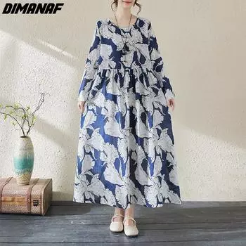 DIMANAF 2024 Большие размеры весна-лето женское платье с цветочным принтом свободное платье винтажное повседневное хлопковое платье с длинным рукавом