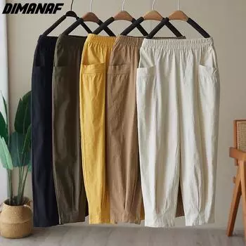 DIMANAF 2024 Большие размеры весна лето длинные брюки женские однотонные шаровары из хлопка с эластичной резинкой на талии свободные винтажные повседневные брюки