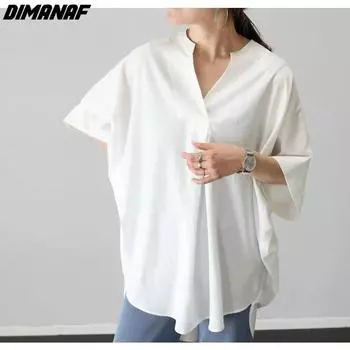 Dimanaf 2024 Большие размеры, женская новая летняя шифоновая блузка, винтажная рубашка с коротким рукавом, свободные повседневные топы с v-образным вырезом, футболки