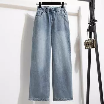 Dimanaf 2024 Большие размеры Женские брюки Осенние брюки Свободные широкие брюки Повседневные винтажные синие джинсы большого размера с эластичной резинкой на талии L синий