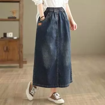 DIMANAF 2024 Большие размеры женские джинсовые юбки женские эластичные базовые с высокой талией модные однотонные повседневные эластичные трапециевидные элегантные длинные юбки