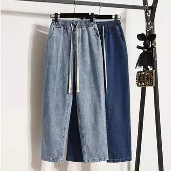 DIMANAF 2024 Большие размеры, женские джинсы, брюки, винтажные джинсовые шаровары, базовые женские эластичные однотонные брюки с высокой талией, модные новые брюки большого размера