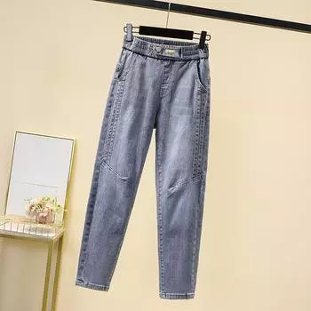 DIMANAF 2024 Большие размеры Женские джинсы Брюки Джинсовые Лоскутные Женские Эластичные Базовые Синие Брюки С Высокой Талией Модные Новые Повседневные Шаровары A XL синий