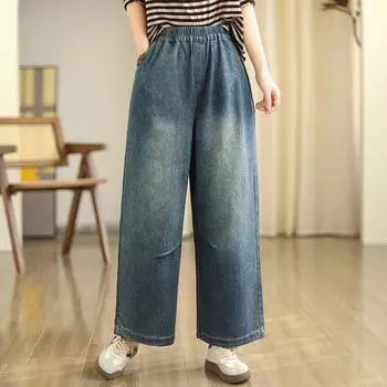 DIMANAF 2024 Большие размеры, женские джинсы, брюки, винтажные шаровары, базовые женские эластичные джинсовые однотонные брюки с высокой талией, широкие брюки большого размера