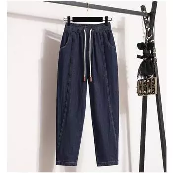 DIMANAF 2024 Большие размеры женские джинсы джинсовые эластичные длинные брюки с высокой талией свободные базовые шаровары повседневные однотонные брюки 4XL 2XL синий