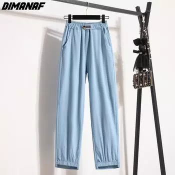 DIMANAF 2024 Большие размеры, женские джинсы, брюки, джинсовые базовые однотонные шаровары с эластичной резинкой на талии, синие модные женские длинные брюки, тонкие