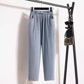 Dimanaf 2024 Большие размеры, женские джинсы, брюки, джинсовый дизайн, длинные брюки с эластичной резинкой на талии, базовые синие шаровары с высокой талией, большие размеры