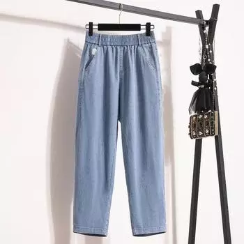 Dimanaf 2024 Большие размеры, женские джинсы, брюки, джинсовый дизайн, длинные брюки с эластичной резинкой на талии, винтажные женские шаровары больших размеров