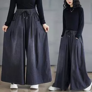 DIMANAF 2024 Большие размеры Женские джинсы Широкие брюки Винтажные джинсовые шаровары Базовые эластичные брюки с высокой талией Модные новые брюки большого размера L чёрный