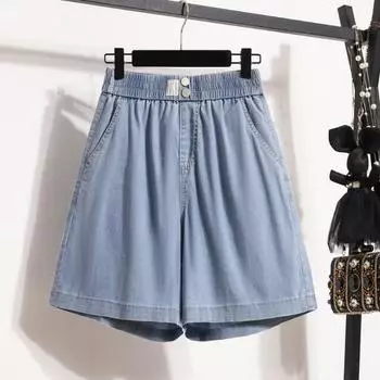 DIMANAF 2024 Большие размеры женские летние брюки шорты с высокой талией эластичные свободные повседневные базовые короткие брюки широкие брюки синие