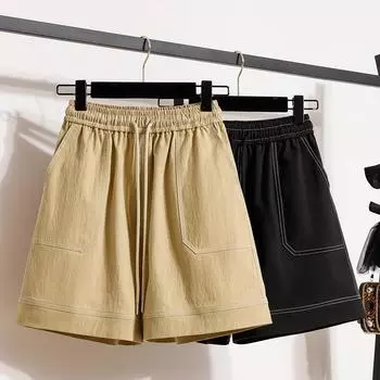 DIMANAF 2024 Большие размеры женские летние свободные брюки 5XL шорты с высокой талией эластичные широкие брюки повседневные базовые короткие брюки M чёрный