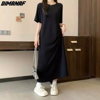 DIMANAF 2024 Большие размеры женские летние стильные базовые платья-рубашки больших размеров повседневное платье хлопковые длинные платья свободные однотонные L чёрный