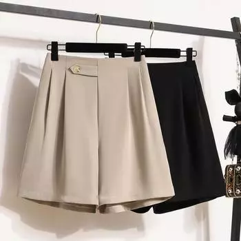 DIMANAF 2024 Большие размеры женские летние брюки трапециевидной формы широкие брюки шорты с высокой талией эластичные свободные повседневные базовые короткие брюки S чёрный