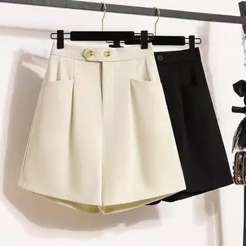 DIMANAF 2024 Большие размеры женские летние брюки широкие брюки шорты с высокой талией эластичные свободные повседневные базовые короткие брюки двубортные с пряжкой S чёрный