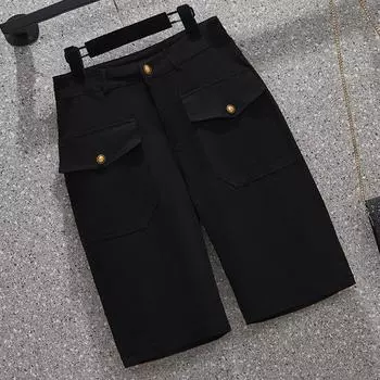 DIMANAF 2024 Большие размеры женские летние брюки широкие брюки с высокой талией повседневные шорты эластичные свободные базовые короткие брюки черные