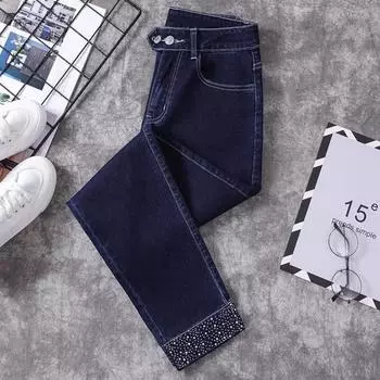 DIMANAF 2024 Большие размеры Женские осенние джинсы Однотонные брюки Шаровары Джинсовые женские эластичные базовые синие брюки с высокой талией Модные новые брюки большого размера 4XL 5XL XXXL синий