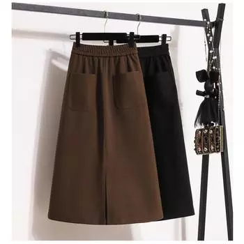 DIMANAF 2024 Большие размеры женские юбки осень-зима плотные эластичные оверсайз трапециевидной формы модная юбка с разрезом длинная юбка элегантная плиссированная юбка L чёрный