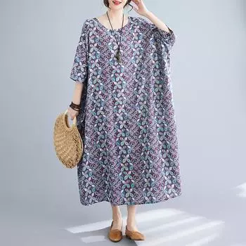 DIMANAF 2024 Большие размеры женское летнее винтажное льняное платье элегантное женское мягкое длинное платье с круглым вырезом стильное свободное платье