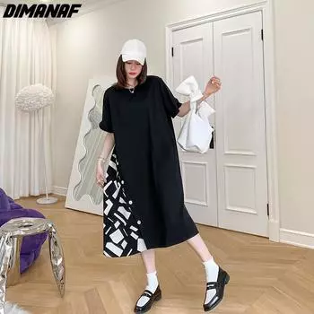DIMANAF 2024 Большие размеры, женское летнее длинное платье-рубашка оверсайз, повседневное платье трапециевидной формы, свободные хлопковые платья с короткими рукавами и круглым вырезом