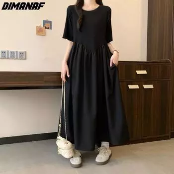DIMANAF 2024 Большие размеры, женское летнее базовое платье-рубашка большого размера, повседневное платье, хлопковые длинные черные платья, свободные однотонные