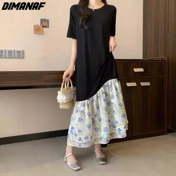 Dimanaf 2024 Большие размеры, женское летнее стильное базовое платье-рубашка большого размера, повседневное платье с цветочным принтом, хлопковые длинные платья, свободные