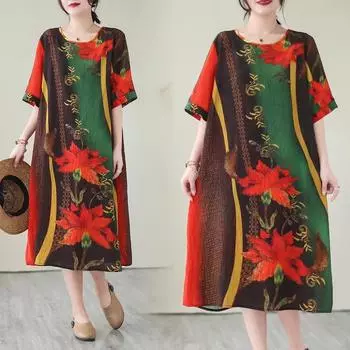 DIMANAF 2024 Большие размеры женское летнее пляжное винтажное платье с круглым вырезом элегантное женское длинное платье с принтом стильное свободное платье L коричневый