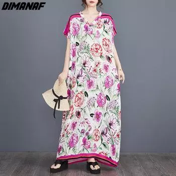DIMANAF 2024 Большие размеры женское весенне-летнее пляжное платье элегантное женское модное длинное платье с цветочным принтом в богемном стиле свободное платье макси