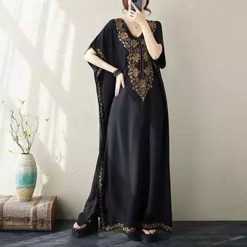 DIMANAF 2024 Большие размеры, женское весенне-летнее мягкое платье, элегантное длинное платье с v-образным вырезом и винтажным принтом, богемное свободное платье One Size чёрный