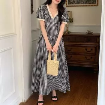 DIMANAF 2024 Большие размеры женское весенне-летнее винтажное платье с клетчатым принтом элегантное женское модное длинное платье с рюшами стильное свободное платье макси