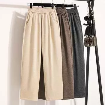 DIMANAF 2024 Большие размеры зимние длинные брюки плотные женские однотонные шаровары с высокой талией повседневные свободные брюки новые L коричневый