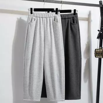 DIMANAF 2024 Зимние длинные брюки больших размеров Толстые Женские Однотонные Брюки-гаремы Базовые с высокой талией Повседневные Свободные Новые L серый