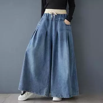 Dimanaf 2024 Большие размеры Зимние толстые женские джинсы брюки Базовые брюки Свободные широкие брюки Повседневные однотонные синие Большие размеры L чёрный