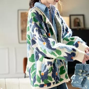 DIMANAF 2024 Цветочные свитера Кардиган Осенние женские принты О-образный вырез свитера Вязание Свободный свитер One Size синий