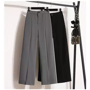 DIMANAF 2024 Длинные брюки больших размеров женские с высокой талией винтажные эластичные однотонные шаровары стильные свободные повседневные серые базовые брюки с разрезом широкие брюки 5XL 2XL чёрный