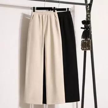 DIMANAF 2024 Длинные брюки больших размеров женские эластичные свободные брюки с высокой талией винтажные однотонные свободные повседневные толстые базовые брюки шаровары широкие брюки 5XL 2XL чёрный