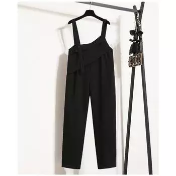 DIMANAF 2024 Длинные брюки больших размеров, новый комбинезон, женский свободный винтажный однотонный свободный комбинезон, повседневные базовые брюки, шаровары, широкие брюки 5XL 2XL чёрный