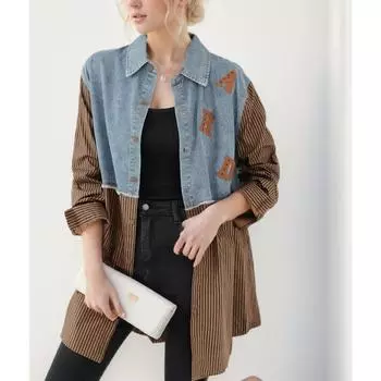 DIMANAF 2024 джинсовое пальто женская куртка с карманами цветок кардиган на пуговицах женское полосатое свободное свободное пальто оверсайз осень-зима