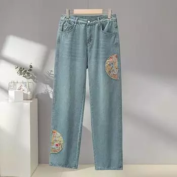 DIMANAF 2024, джинсы больших размеров, длинные брюки, женские эластичные свободные однотонные хлопковые свободные повседневные базовые черные, белые брюки, брюки 5XL M синий