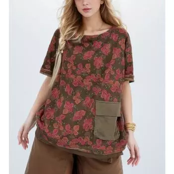 DIMANAF 2024 футболка больших размеров летние женские карманы с цветочным принтом и коротким рукавом свободные новые базовые топы с круглым вырезом футболка новая
