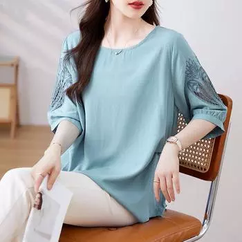 Dimanaf 2024 футболка больших размеров, летняя женская свободная элегантная рубашка с коротким рукавом с круглым вырезом, базовые топы, новый большой размер